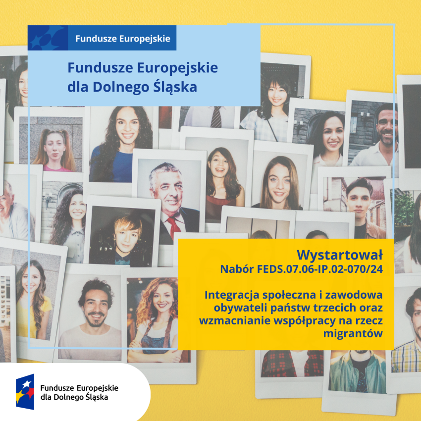 Pojedyncze zdjęcia różnych pod względem płci, wieku, koloru skóry i innych cech osób połaczone z napisem Fundusze Europejskie dla Dolnego Ślaska i znakiem Fundusze Europejskie