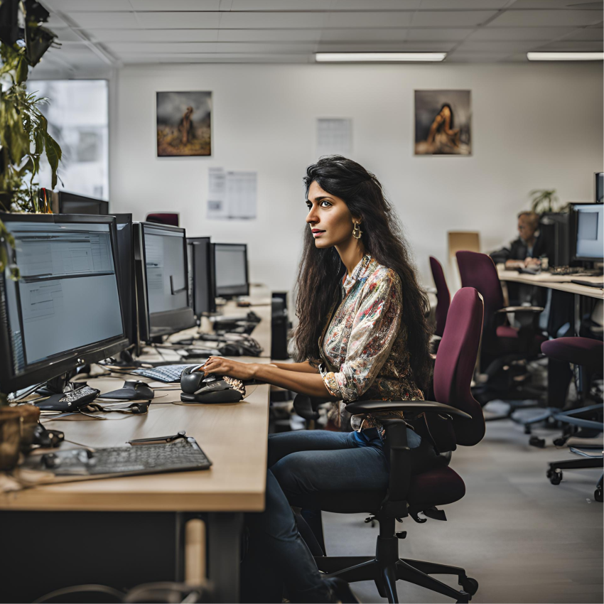 Młoda kobieta w ciemnych długich własach i w kwiciestej kolorowej koszuli pracuje przed ekranem komutera, 