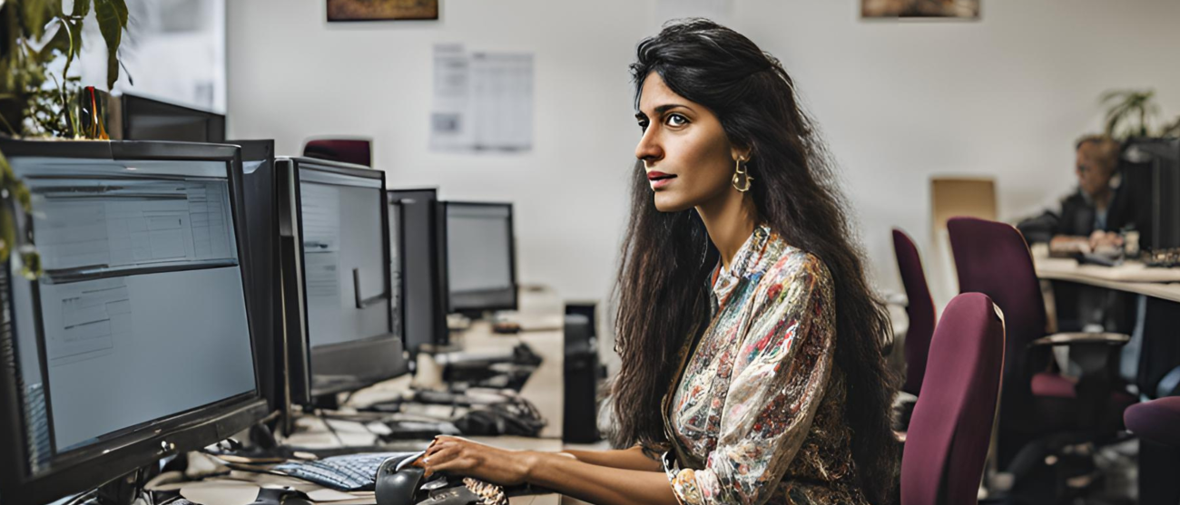 Młoda kobieta w ciemnych długich własach i w kwiciestej kolorowej koszuli pracuje przed ekranem komutera, 